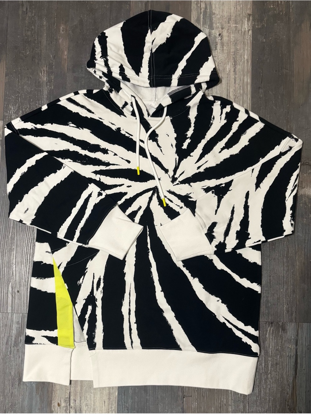 Fabletics Black & White Tie-Dye Hoodie with Neon Yellow Accents